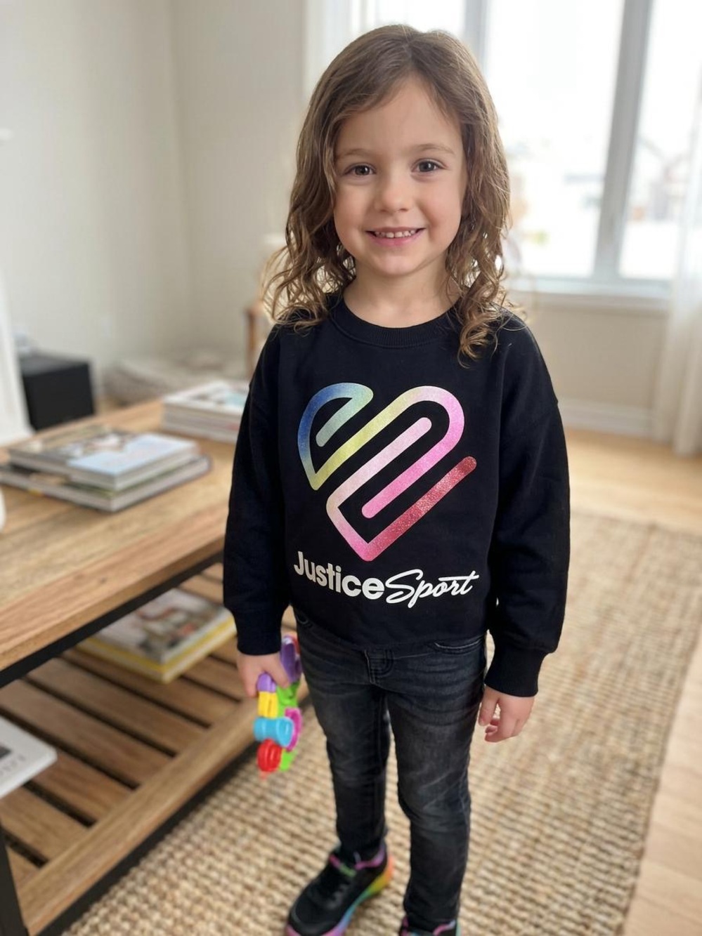 Justice Black Sweatshirt with Multicolor Gradient Heart